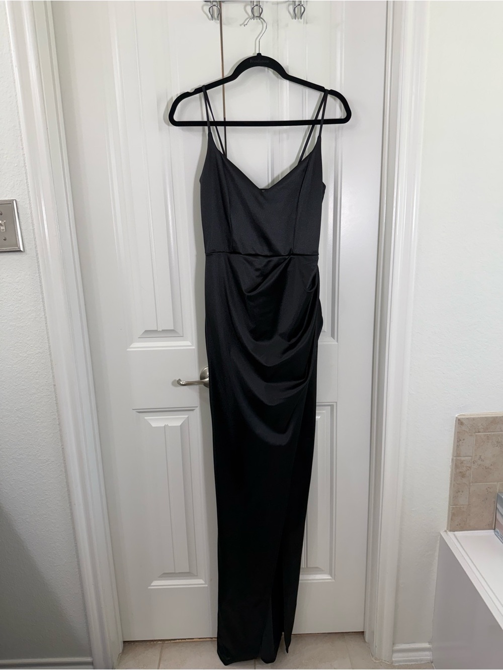 Altar'd State Black Satin Spaghetti-Strap Maxi Dress